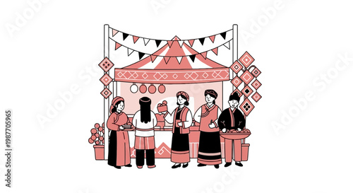 Traditional Ethnic Market Stall and People Illustration