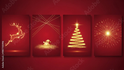 Christmas ornaments with holiday lights and festive decorations on a deep red background