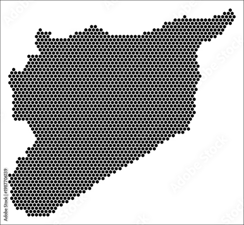 Syria hexagon map. Plain black and white dotted shape template. Country tiny hexagon cells. Syria flat honeycomb template. Vector Illustration.