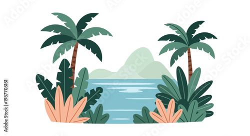Tropical landscape vector illustration with palm trees and sea