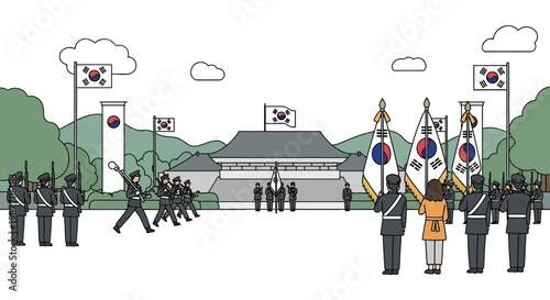 South Korean Military Ceremony with National Flags at the Blue House