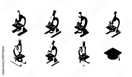 Isometric microscope icon set laboratory research tools science education equipment vector illustration isolated on white background