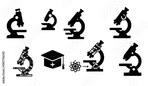 Modern glyph microscope icon collection for science laboratory research and education UI design vector set isolated on white background