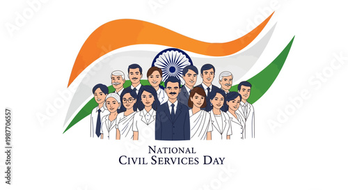 A stylized vector illustration commemorates National Civil Services Day in India, showcasing a diverse group of civil servants against the backdrop of the Indian flag with a clean white