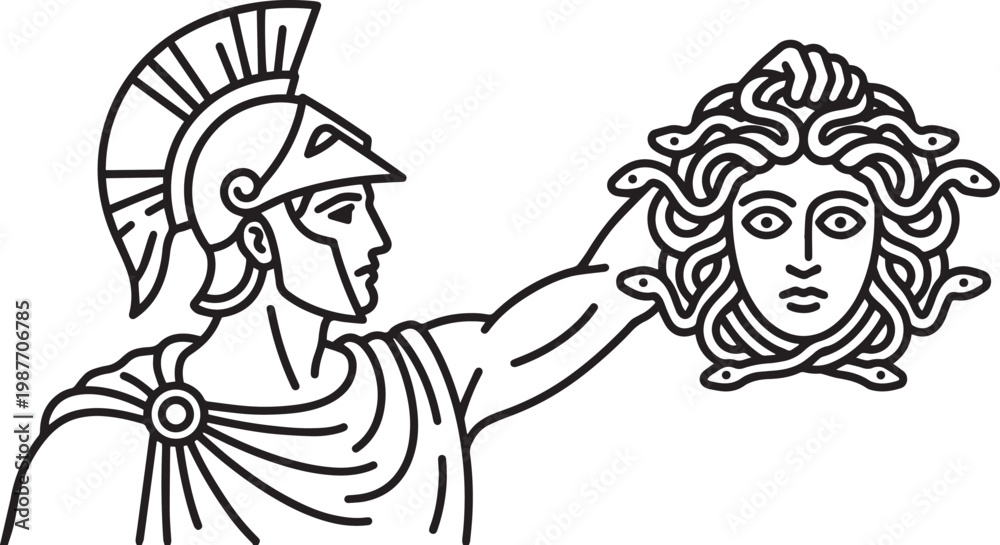 Fototapeta premium Perseus in Corinthian Helmet Holding Medusa's Head, Classical Line Art Style Black and White Vector Illustration 