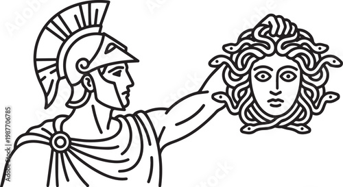 Perseus in Corinthian Helmet Holding Medusa's Head, Classical Line Art Style Black and White Vector Illustration
