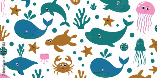 Seamless pattern with cute sea animals including whale dolphin turtle jellyfish crab and starfish for children nursery wallpaper and fabric