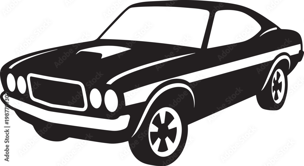Fototapeta premium Classic American Muscle Car, Bold Retro Silhouette Style Black and White Vector Illustration