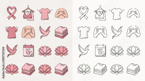 Collection of pink ribbon and breast cancer awareness icons, including a calendar, dove, lotus flowers, and folded clothes, presented in both color and outline versions.