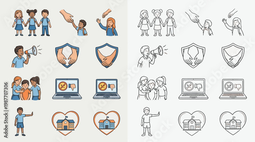 Collection of icons representing children's rights, safety, and education, including diverse children, protective symbols, and learning tools.