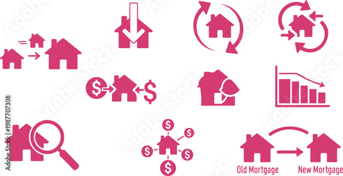 Illustrations Showing Various Real Estate Mortgage and Property Transaction Concepts with House Icons