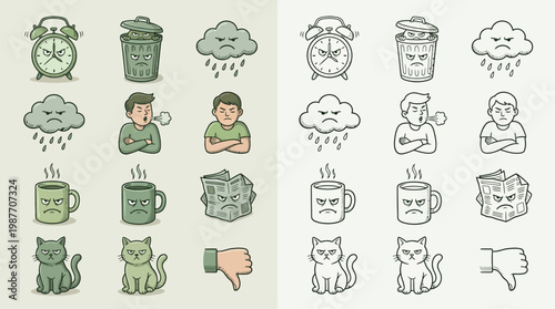 A collection of hand-drawn icons depicting various negative emotions and frustrating situations, presented in both color and outline versions.