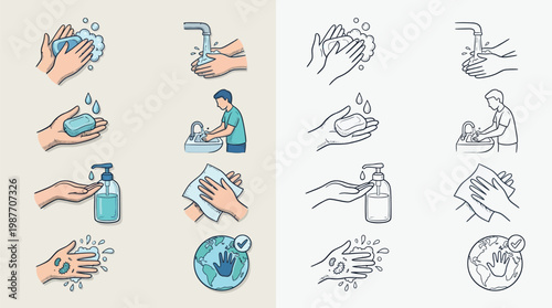 Illustrations showing the correct steps for washing hands with soap and water, and using hand sanitizer, to prevent the spread of germs and protect the planet.
