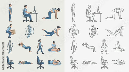Illustrations depicting proper posture and exercises for spinal health and well-being in various daily activities.