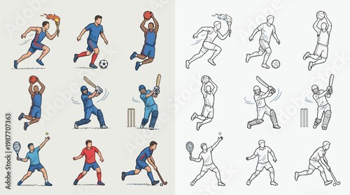 Collection of diverse athletes engaged in various sports actions, presented in both detailed illustrations and line art.