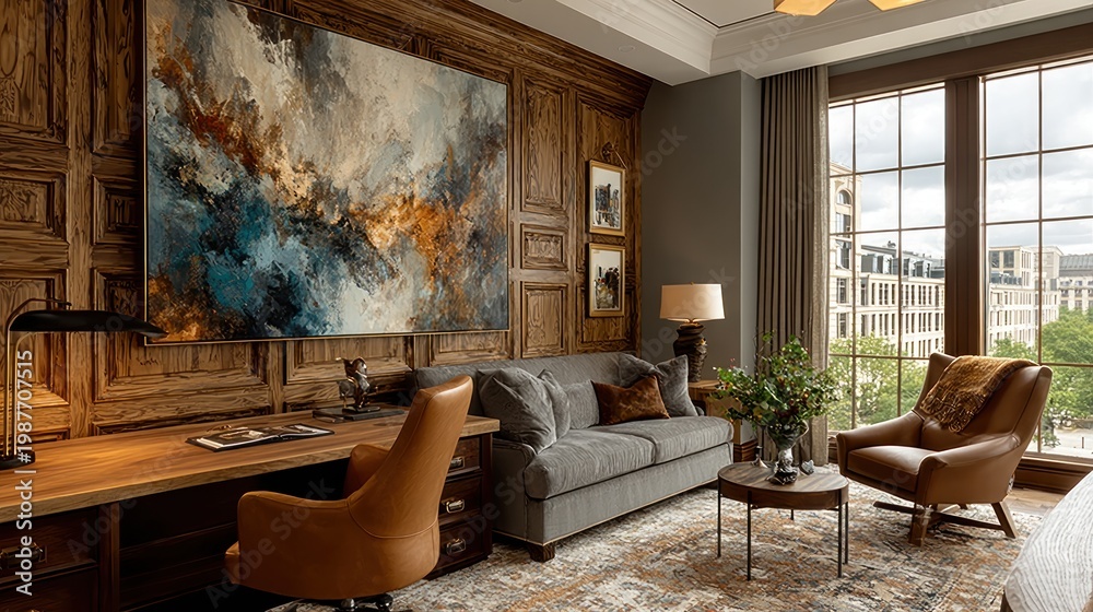 Obraz premium Luxurious home office with abstract art and city view perfect for work and relaxation