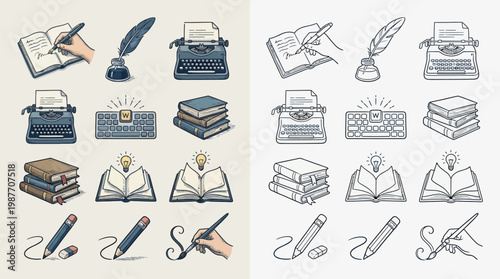 Collection of vintage writing and reading icons, including typewriters, books, pens, and inkwells, presented in both color and line art styles.