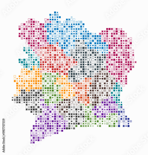 Cote d'Ivoire, shape of the country build of colored cells. Digital style map of the Cote d'Ivoire on white background. Small size square blocks. Awesome vector illustration.