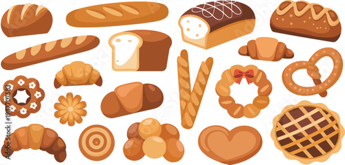 Assorted bakery collection featuring fresh bread loaves baguette croissant pretzel pie and pastries for cafe menu and food market design
