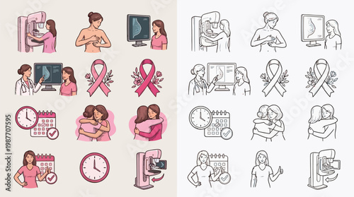 Collection of illustrations depicting breast cancer awareness, screening, and support, including mammograms, pink ribbons, and comforting embraces.