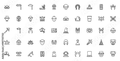 Costume Party icon set. Vector collection of Fun glasses, Eye mask, Moustache, Knight, Alien, Pharaoh, Cowboy hat, Witch hat, Pirate, Clown, Ghost and more party symbols.