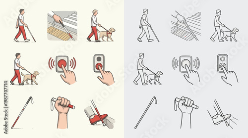 Illustrations showing how visually impaired individuals use a white cane and guide dog to navigate pedestrian crossings and activate accessibility buttons.
