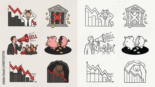 Illustrations depicting financial crisis, market crash, and economic downturn with symbols like falling graphs, broken piggy banks, and distressed individuals.