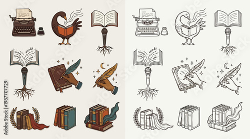 A collection of stylized illustrations related to writing, literature, and creativity, featuring typewriters, books, and symbolic imagery.