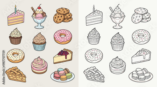 A collection of colorful and black and white illustrations of various desserts, including cakes, cupcakes, cookies, donuts, pies, macarons, and ice cream sundaes.