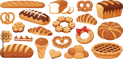 Assorted bakery collection featuring fresh bread loaves baguette croissant pretzel pie and pastries for cafe menu and food market design