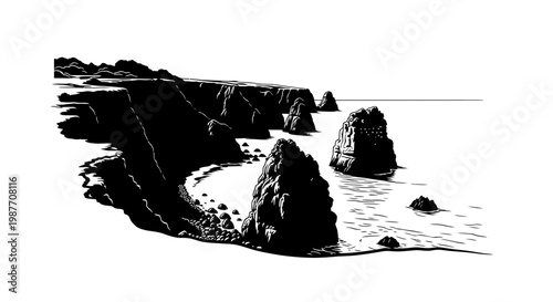 Coastal Cliffs and Sea Stacks Black and White Vector Illustration