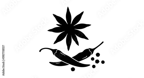 Black Silhouette Illustration of Star Anise and Chili Peppers