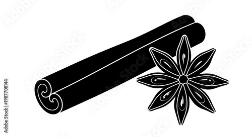 Cinnamon Stick and Star Anise Spice Vector Silhouette Illustration