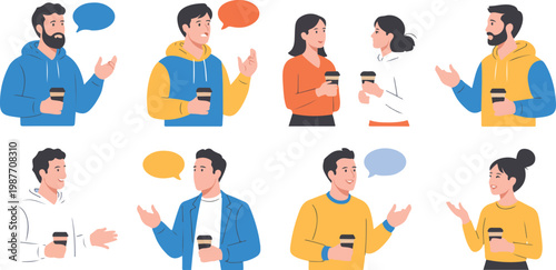 Set of diverse people talking holding coffee cups with speech bubbles for communication social interaction community and business networking concepts