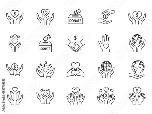Donation and charity icons with nonprofit support and humanitarian concept