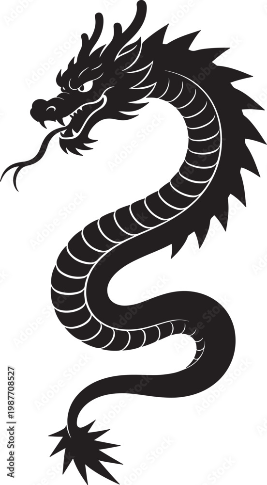 Fototapeta premium Chinese Dragon in S-Curve Pose, Bold Silhouette Style Black and White Vector Illustration 