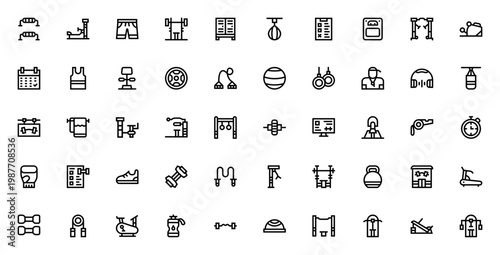Gym icon set. Fitness vector icons pack. Includes symbols for workout, equipment, treadmill, dumbbell, yoga, boxing, training and more. Editable stroke.