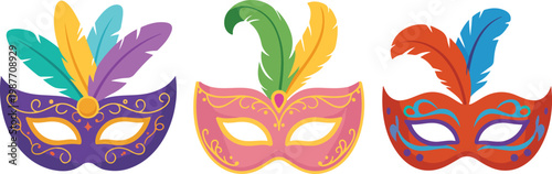 Set of colorful carnival masquerade masks with feathers for Mardi Gras celebration Venetian ball parties and festive event decorations