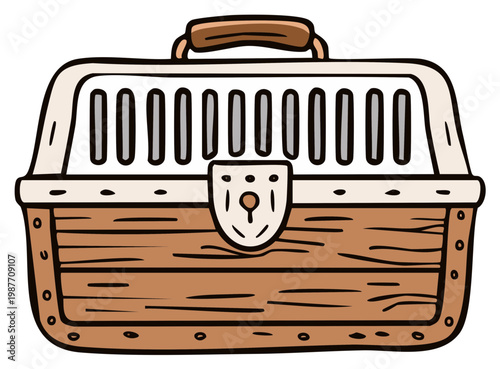Cartoon-style pet carrier illustration with wood texture and secure latch.