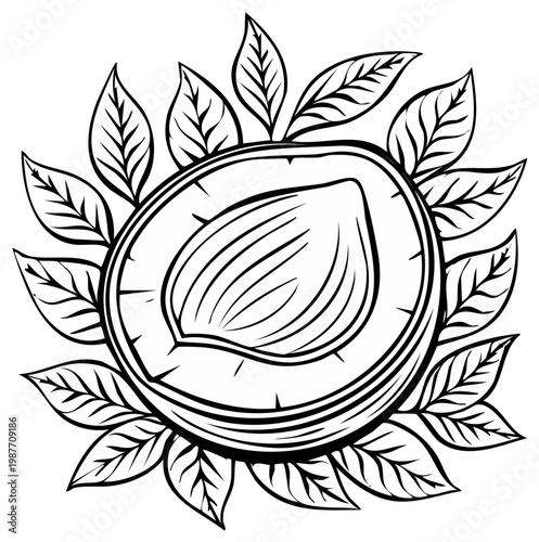 Halved nut illustration with leaves design element for organic food and healthy lifestyle