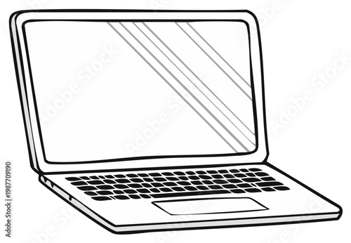 Laptop Computer Illustration: Open Screen, Keyboard Detail, Digital Drawing, Modern Technology