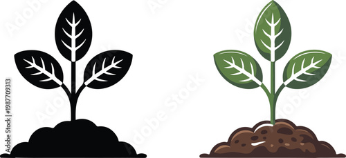 Small green plant sprout growing in soil set with black silhouette icon for environmental ecology gardening and nature conservation concepts vector illustration