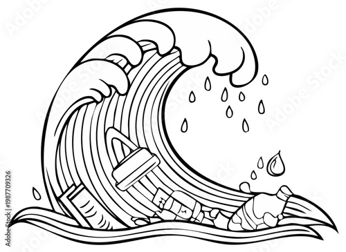 Ocean wave with plastic trash, monochrome illustration