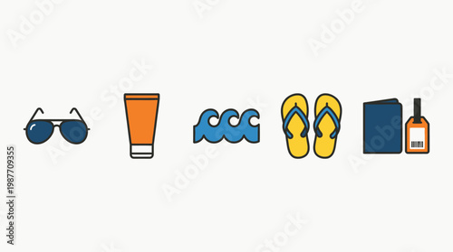 Summer vacation items arranged on a beach towel including sunglasses and flip flops
