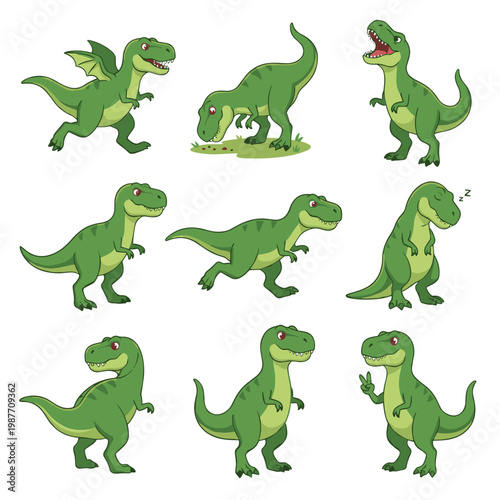 Cartoon dinosaurs tyrannosaur trex playful activities expressing various emotions such happiness, curiosity, sleepiness isolated white background. Green t-rex walking, roaring, relaxing, interacting