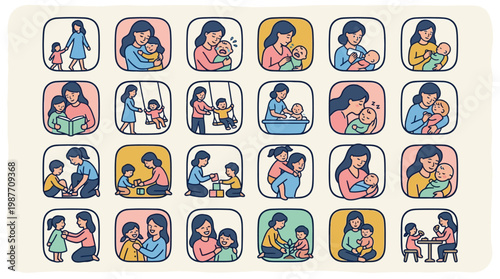 A collection of illustrations showcasing various heartwarming moments of people interacting with each other in different settings and emotions.