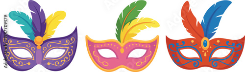Set of colorful carnival masquerade masks with feathers for Mardi Gras celebration Venetian ball parties and festive event decorations