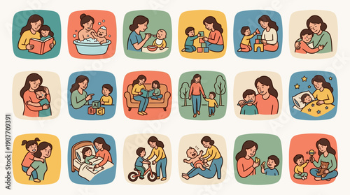 A mother engages in various activities with her baby in different colorful settings at home.