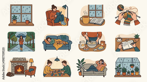 Couple relaxing in a cozy home with fireplace and plants, reading and enjoying coffee on a couch
