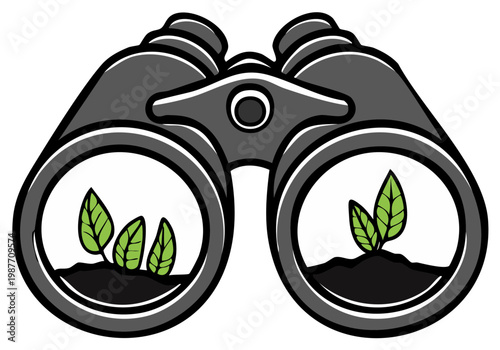 Binoculars focusing on growing plants in soil representing nature observation and discovery